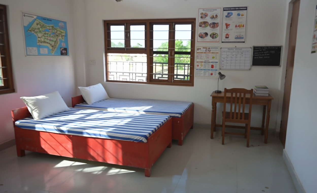Smiling students in front of the hostel